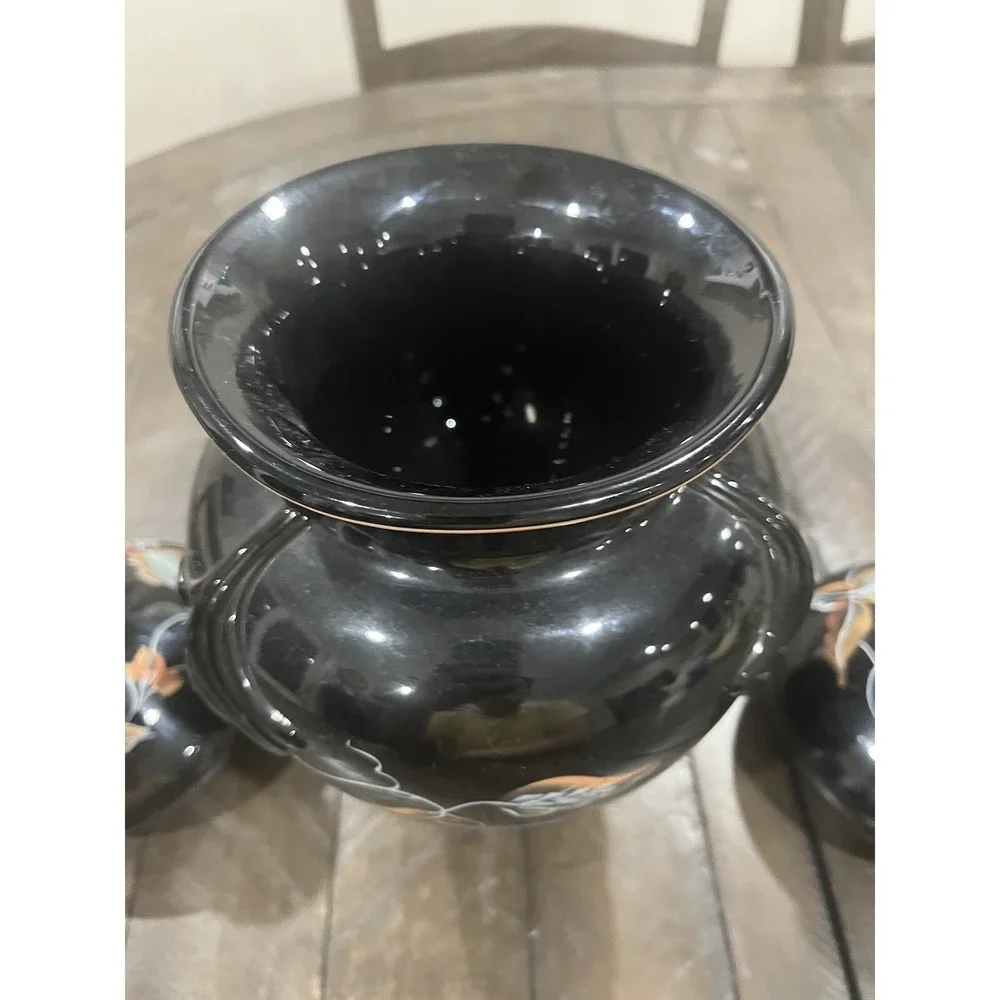 Fenton Autumn On Black Vase‎ Candle Holders Set Console Fall Leaves Hand Painted